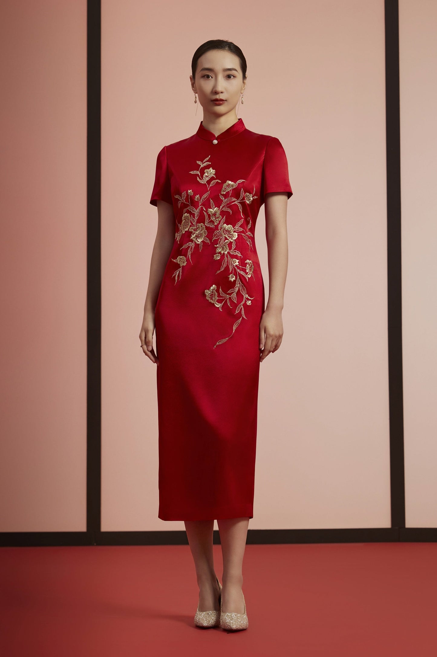 Radiant Elegance: Red Floral Embroidered Qipao-Red