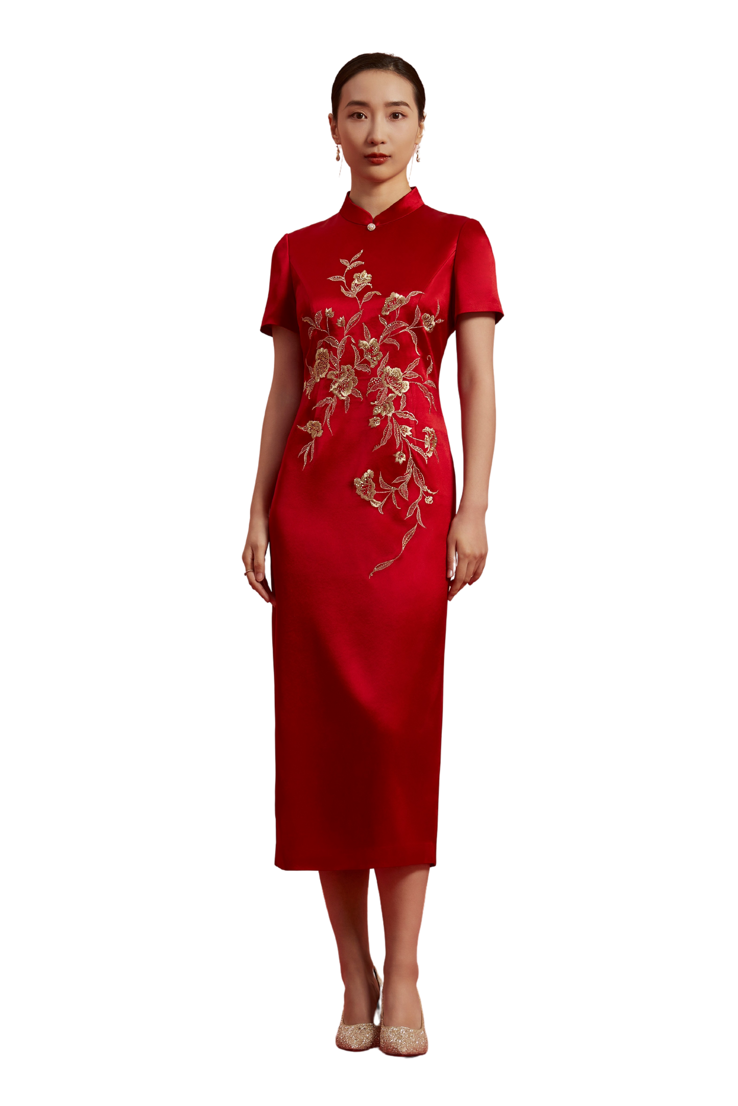Radiant Elegance: Red Floral Embroidered Qipao-Red