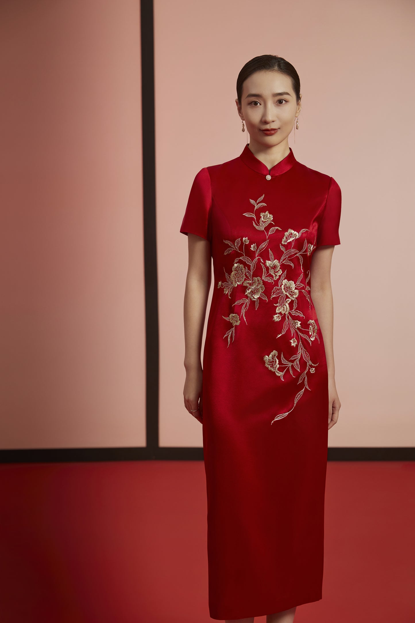 Radiant Elegance: Red Floral Embroidered Qipao-Red