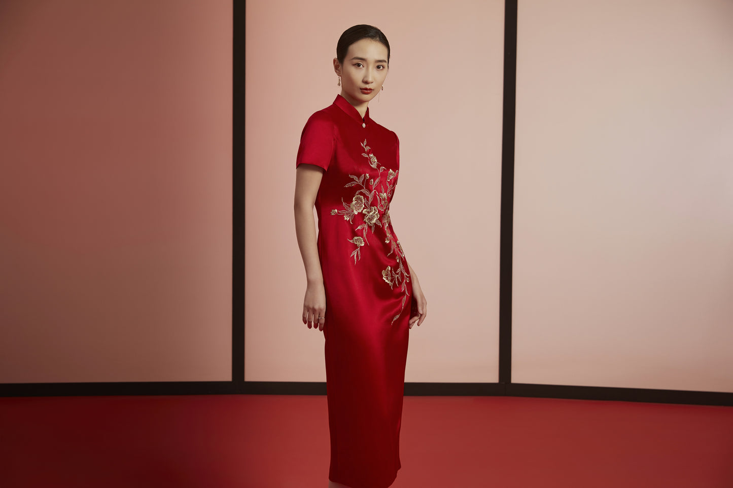 Radiant Elegance: Red Floral Embroidered Qipao-Red