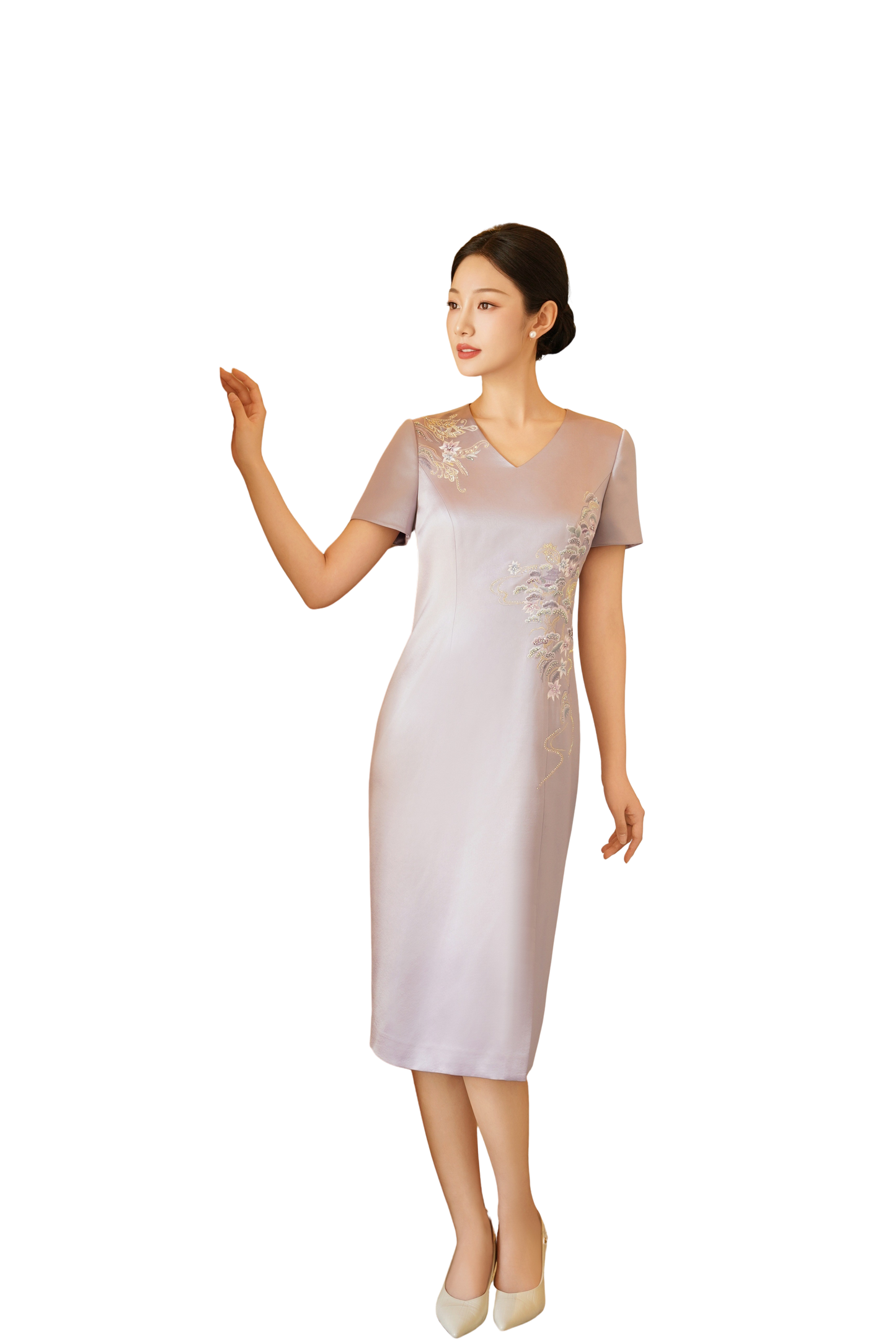Tranquil Elegance: V-Neck Scenic Embroidery Gown - Lilac