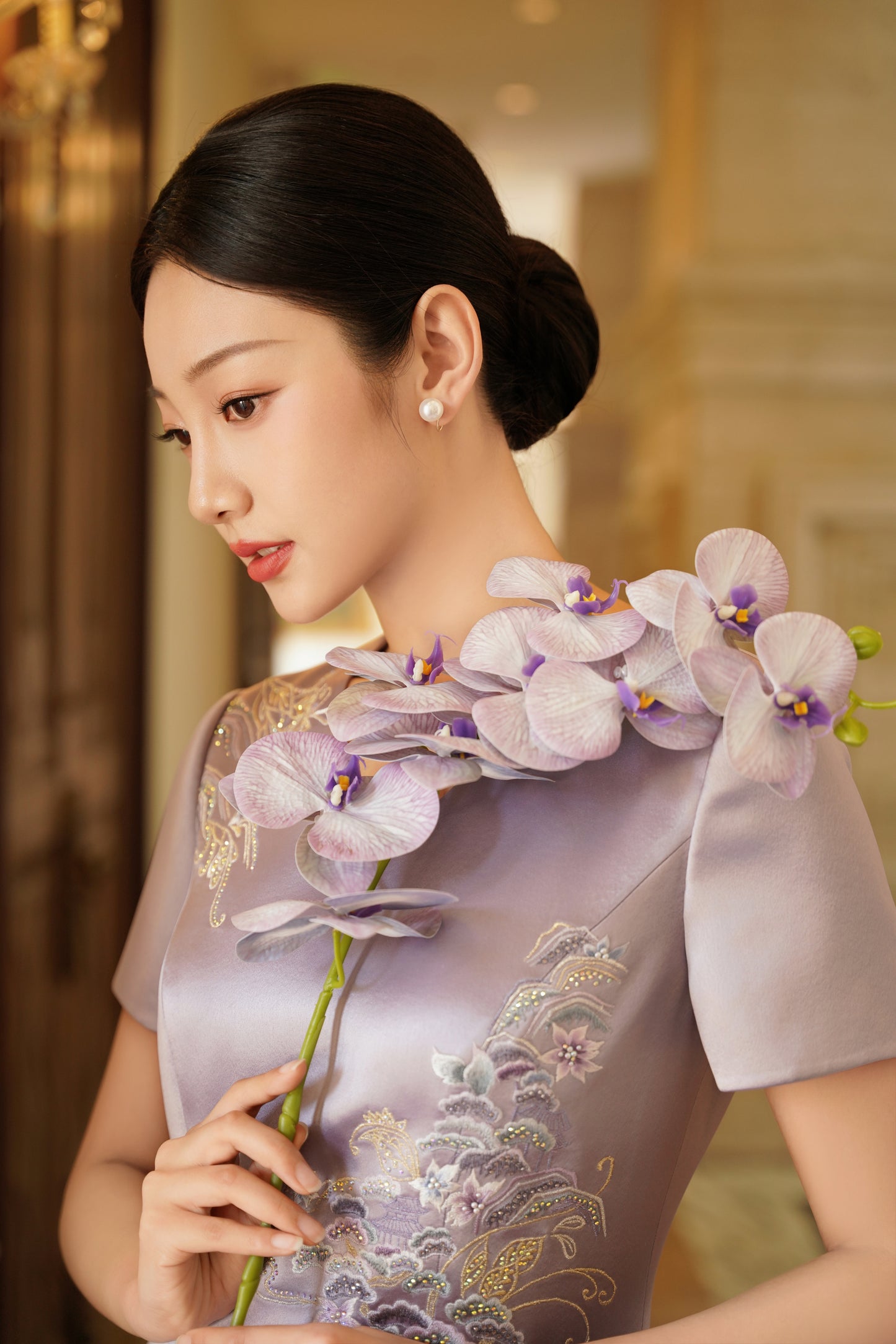 Tranquil Elegance: V-Neck Scenic Embroidery Gown - Lilac