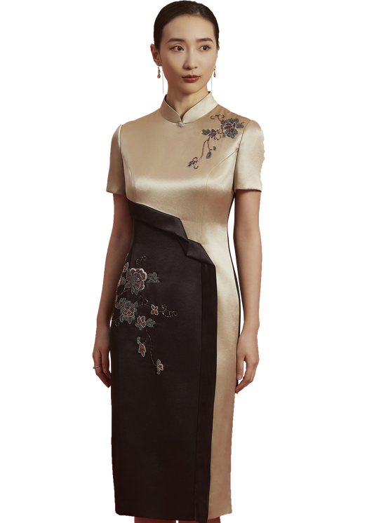 Elegant Contrast: Modern Qipao with Floral Accents-Cream and Black