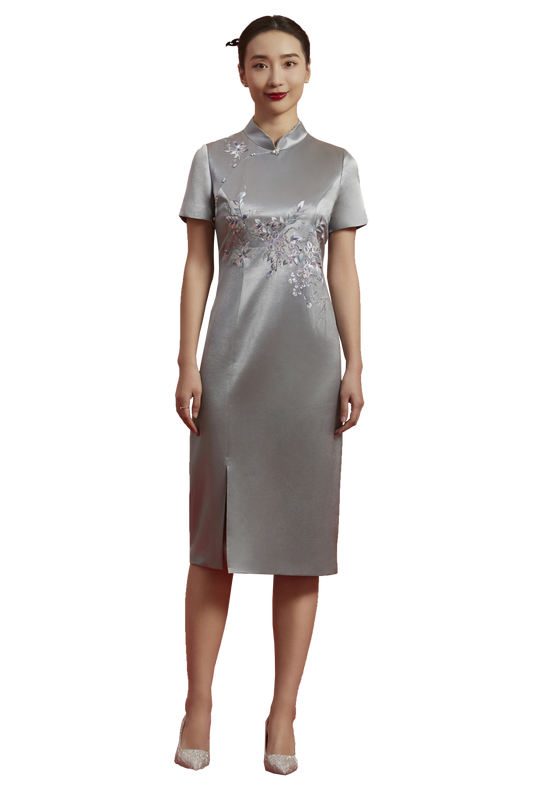 Enchanted Elegance Qipao-Silver Gray