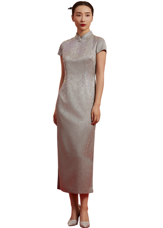 Golden Elegance: Embroidered Qipao-Silver Gray