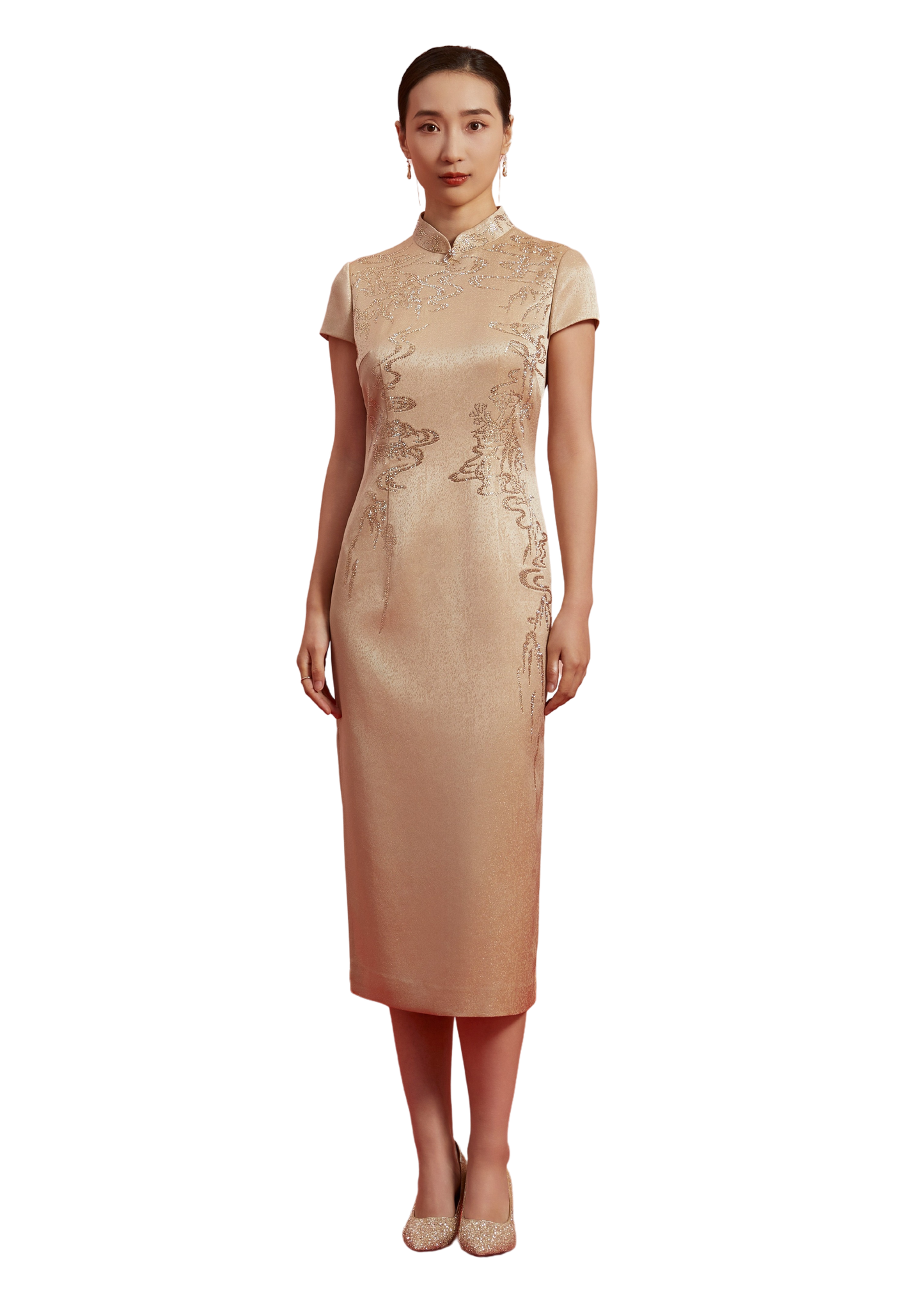 Golden Elegance: Embroidered Qipao-  Gold