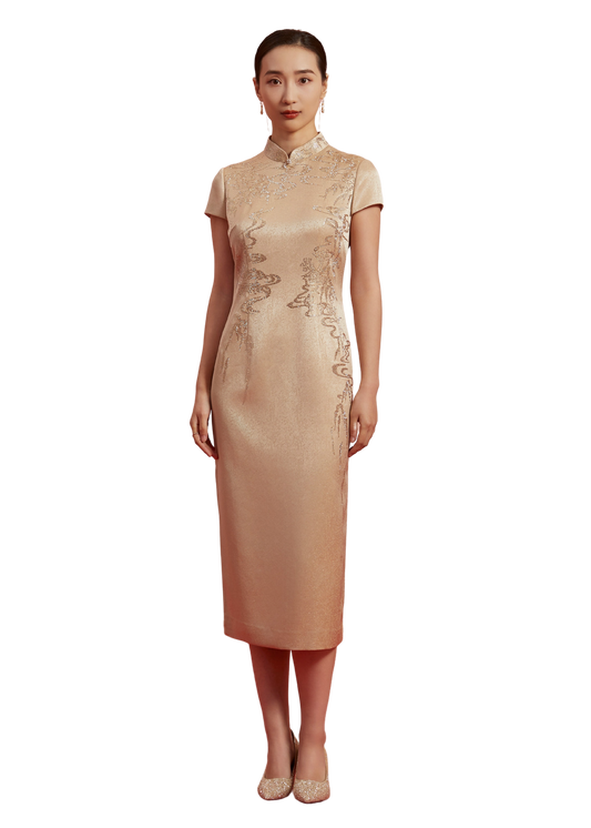 Golden Elegance: Embroidered Qipao-  Gold