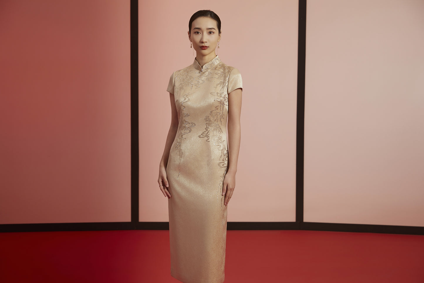 Golden Elegance: Embroidered Qipao-  Gold