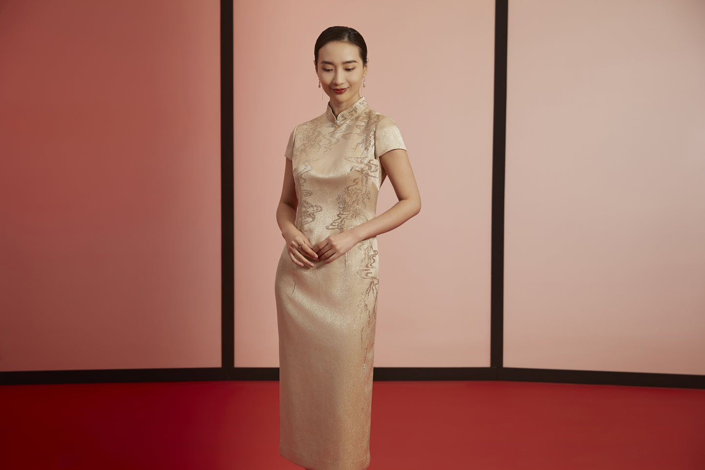 Golden Elegance: Embroidered Qipao-  Gold