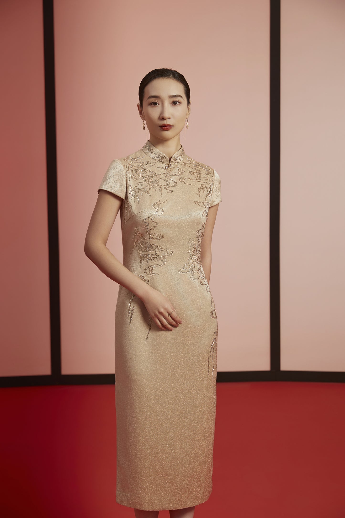 Golden Elegance: Embroidered Qipao-  Gold