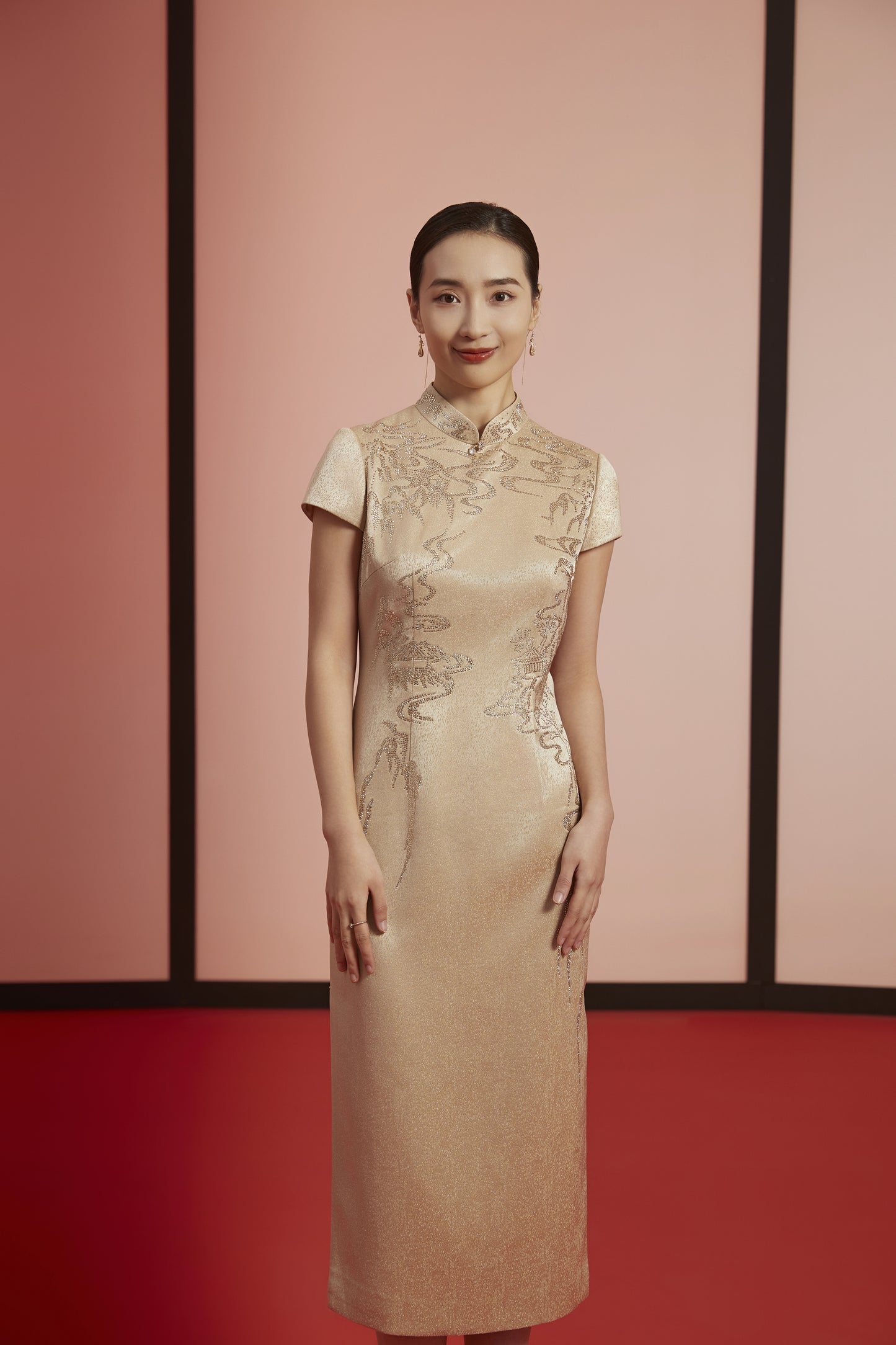 Golden Elegance: Embroidered Qipao-  Gold